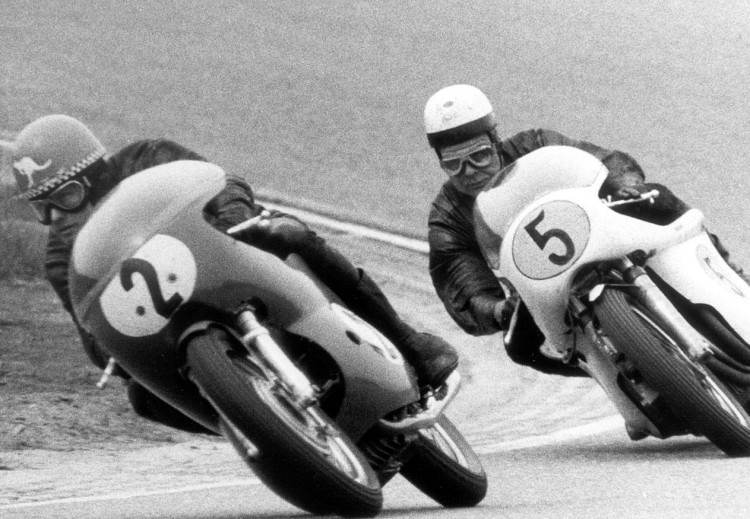 17.Jack Findlay preceding Karl Hoppe on an in-line four cylinder engine built by Helmut Fath mounted in a Metisse frame developed by Rickman, Aug13, 1969.