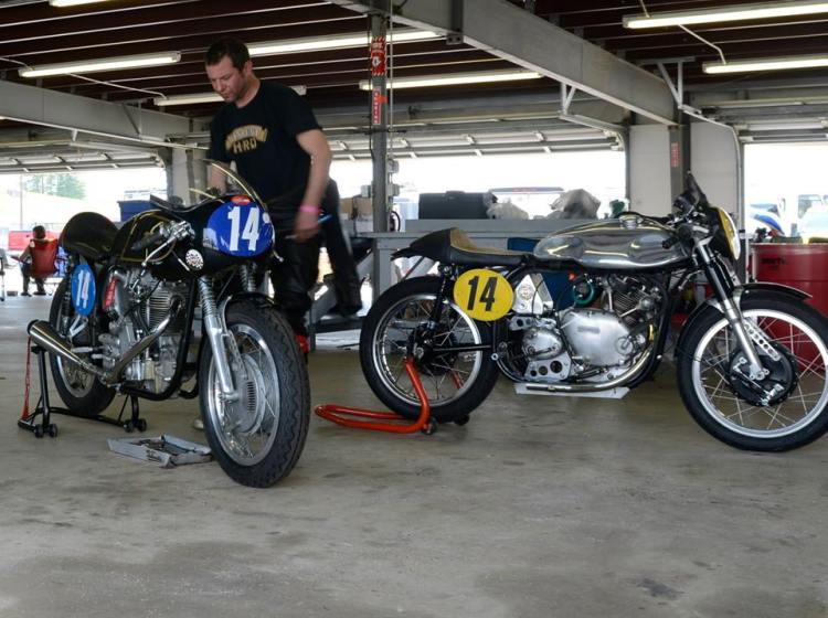 Randy Hoffman with two of his racers: a ’49 Velocette KTT in a ’51 Manx frame and a ’48 Comet in a ’66 Slimline Featherbed frame.